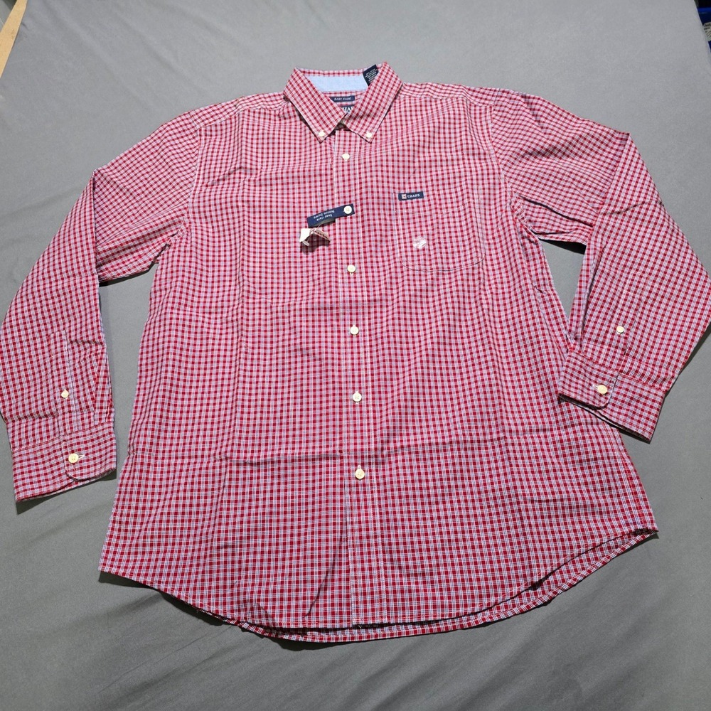 Chaps Button Down Shirt Men L Red White Micro Check Easy Care Long Sleeve Pocket